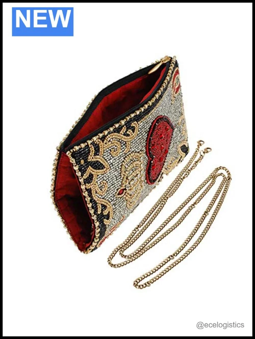Hand-Beaded Queen of Hearts Crossbody Cell Phone Bag with Chain Strap
